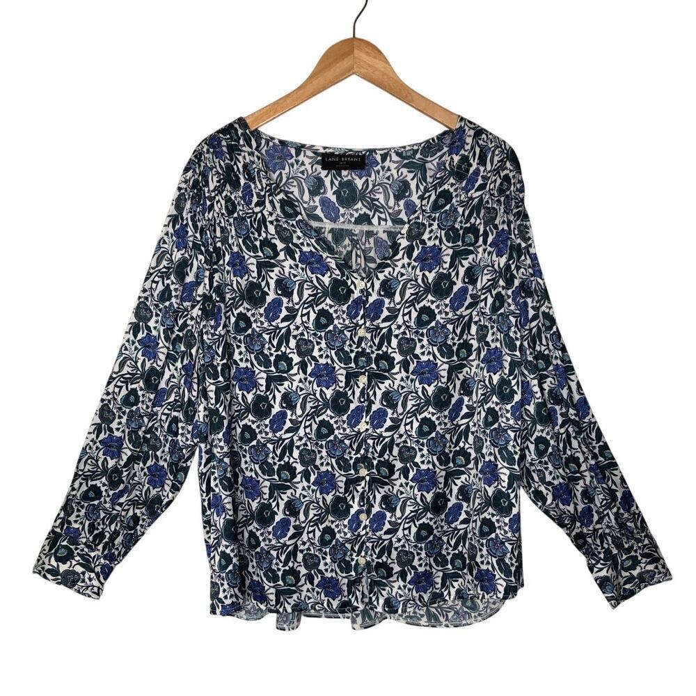 Lane Bryant Ruched Button Blouse Floral‎ Satin Soft Knit Office Sz: 18/20 Green